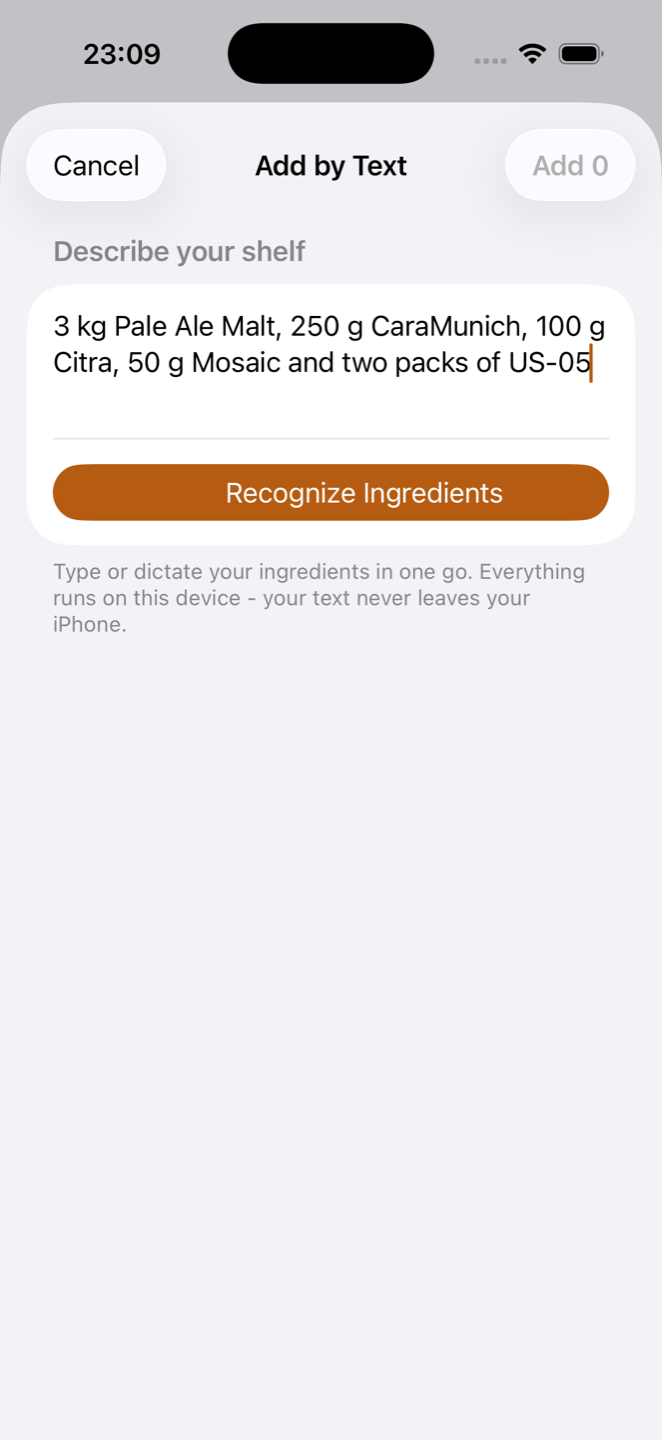BrewHero Add by Text — describe your shelf in one sentence and on-device AI turns it into inventory