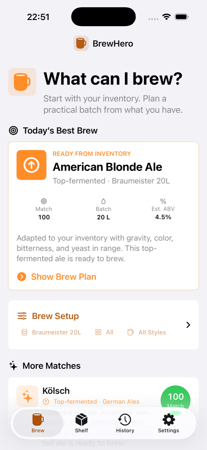 BrewHero app — What can I brew screen with Today's Best Brew recommendation from your inventory