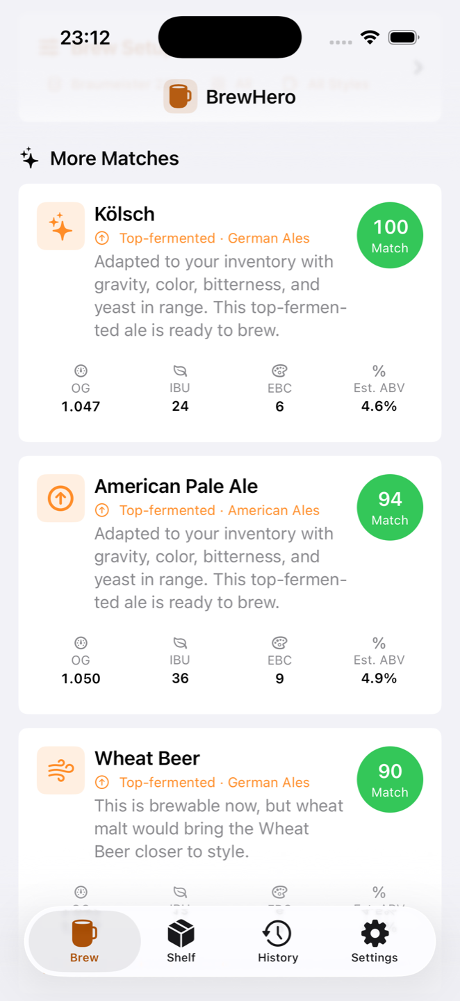 BrewHero recipe matches — beer styles scored against your inventory with OG, IBU, EBC and ABV