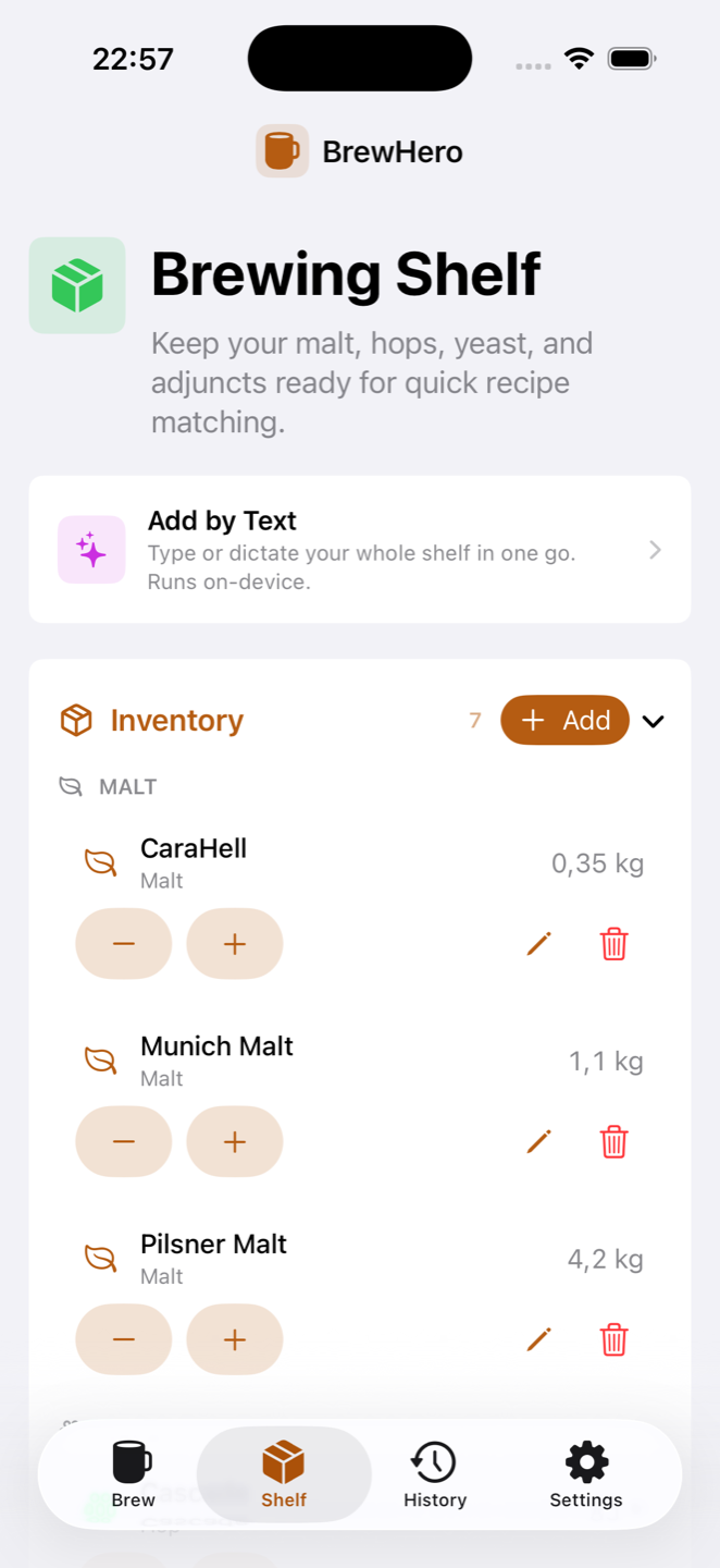 BrewHero Brewing Shelf — inventory of malt, hops and yeast with on-device Add by Text