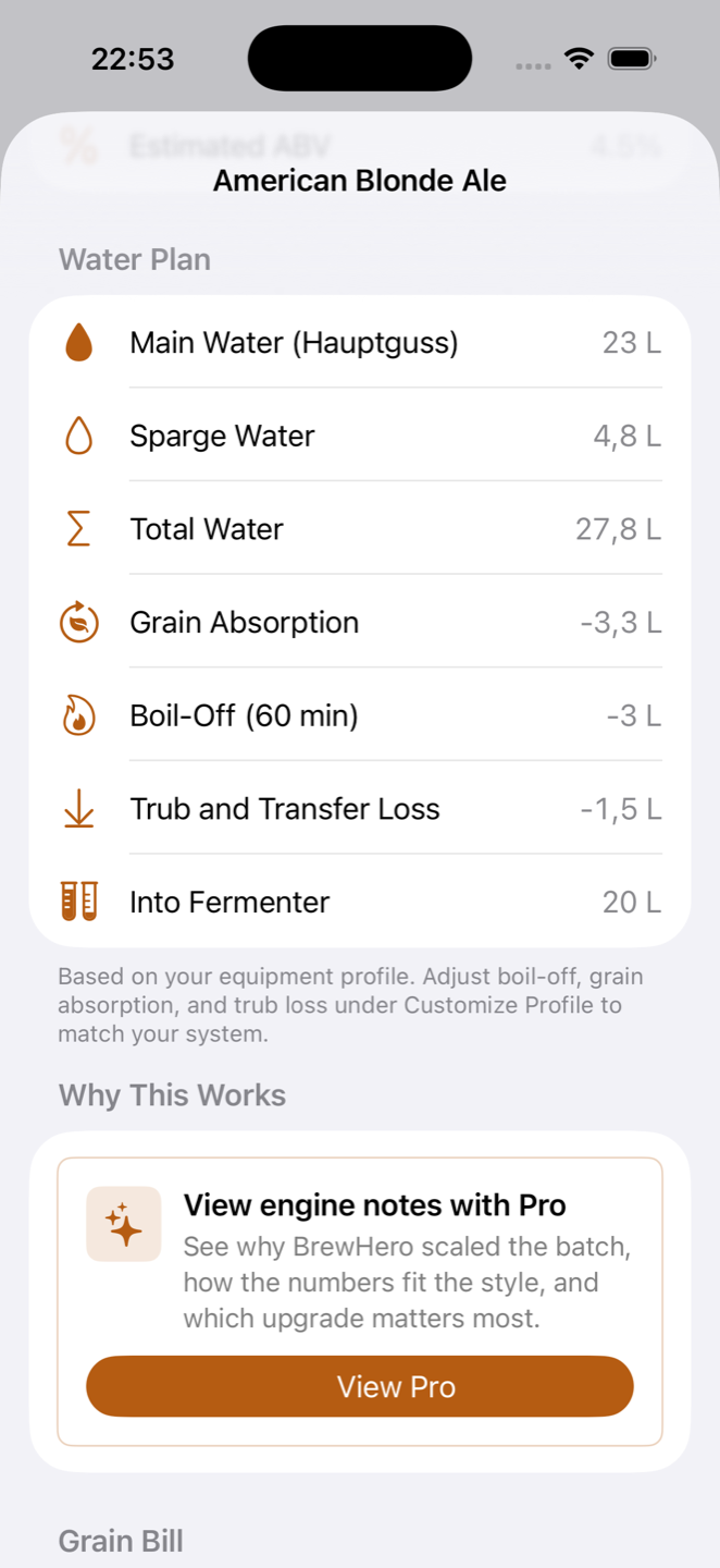 BrewHero water plan — main water, sparge water, boil-off and losses calculated for your system